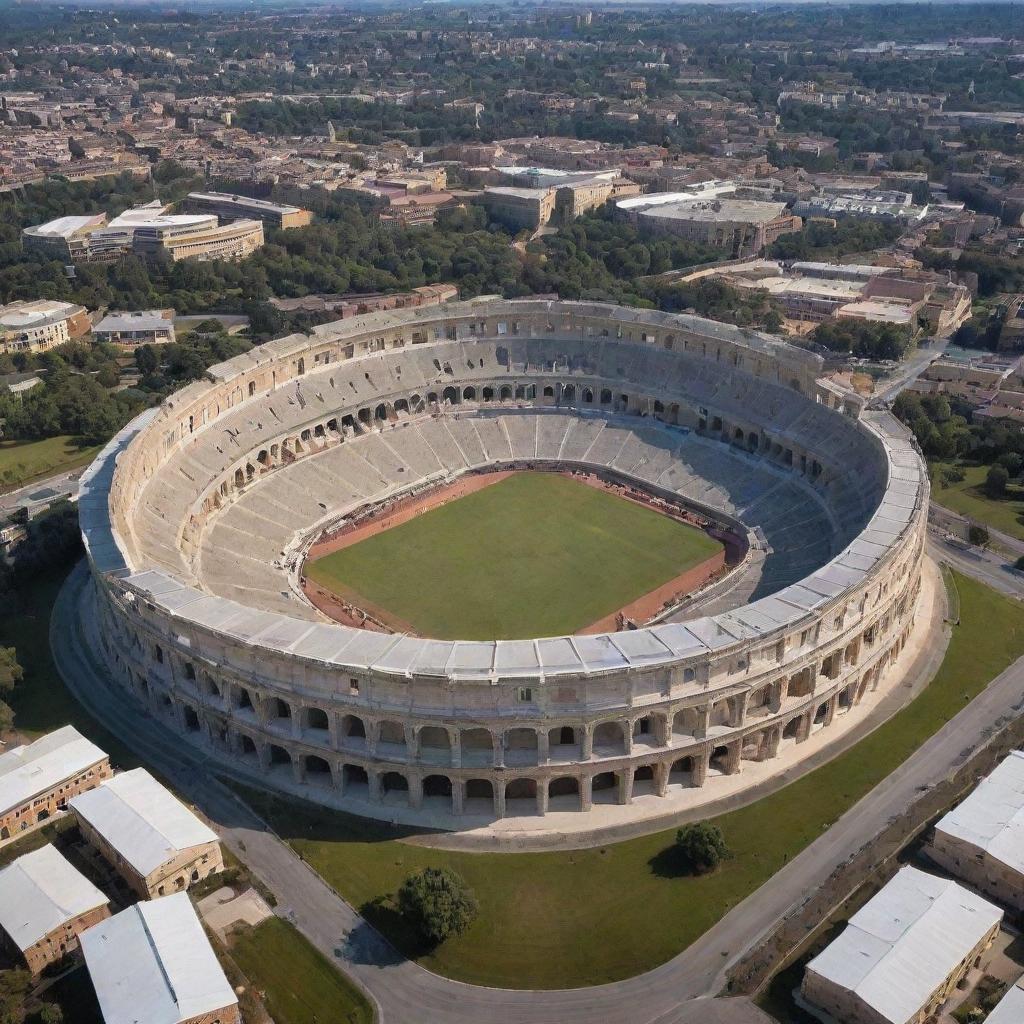 An expansive school complex with a distinctive Colosseum-style arena serving as the central feature.