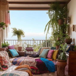 A boho style living room with a balcony, adorned with eclectic furniture, colorful textiles, houseplants, and a scenic view outside.