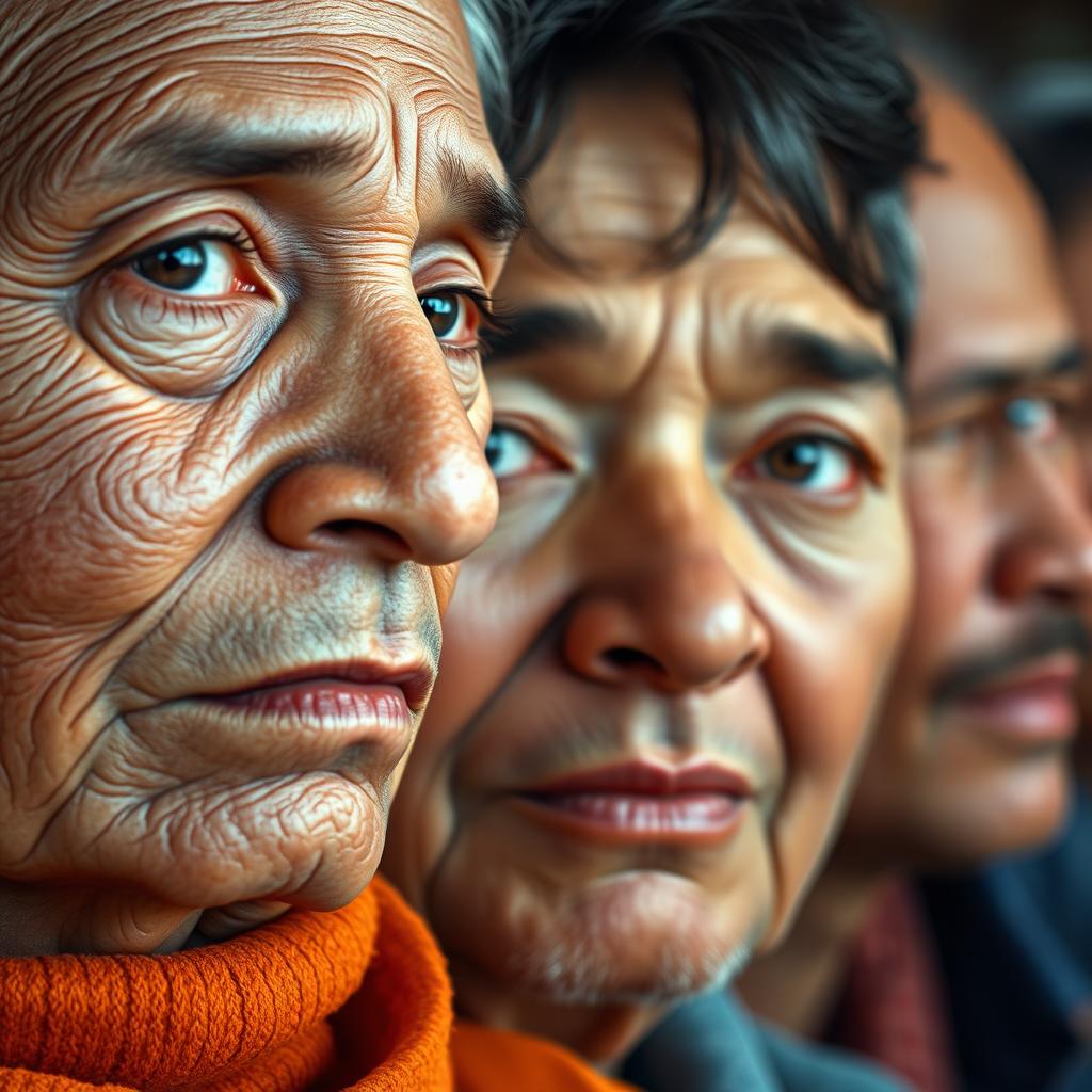 A hyper-realistic portrait of a group of people, capturing their unique facial features in exquisite detail