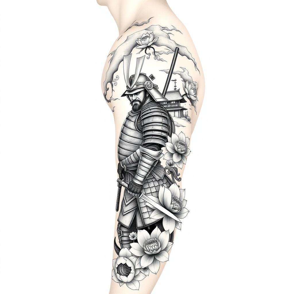 A detailed full-sleeve tattoo design for the right arm, featuring a majestic samurai in traditional armor standing in a powerful pose