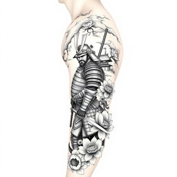 A detailed full-sleeve tattoo design for the right arm, featuring a majestic samurai in traditional armor standing in a powerful pose