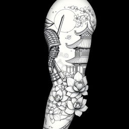 A detailed full-sleeve tattoo design for the right arm, featuring a majestic samurai in traditional armor standing in a powerful pose