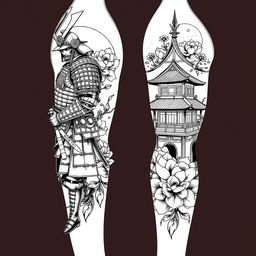 A detailed full-sleeve tattoo design for the right arm, featuring a majestic samurai in traditional armor standing in a powerful pose