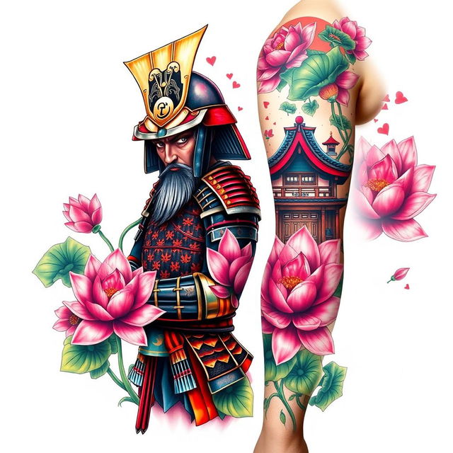 A vibrant and realistic full-sleeve tattoo design for the right arm, featuring a noble samurai in richly detailed traditional armor, captured with lifelike facial expressions and courageous demeanor