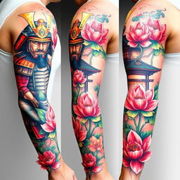 A vibrant and realistic full-sleeve tattoo design for the right arm, featuring a noble samurai in richly detailed traditional armor, captured with lifelike facial expressions and courageous demeanor