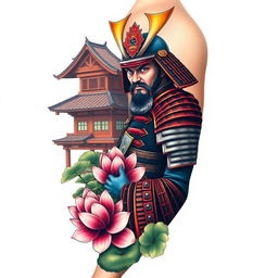 A vibrant and realistic full-sleeve tattoo design for the right arm, featuring a noble samurai in richly detailed traditional armor, captured with lifelike facial expressions and courageous demeanor