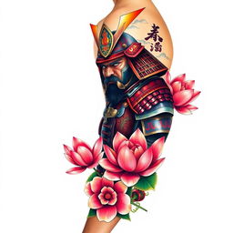 A vibrant and realistic full-sleeve tattoo design for the right arm, featuring a noble samurai in richly detailed traditional armor, captured with lifelike facial expressions and courageous demeanor