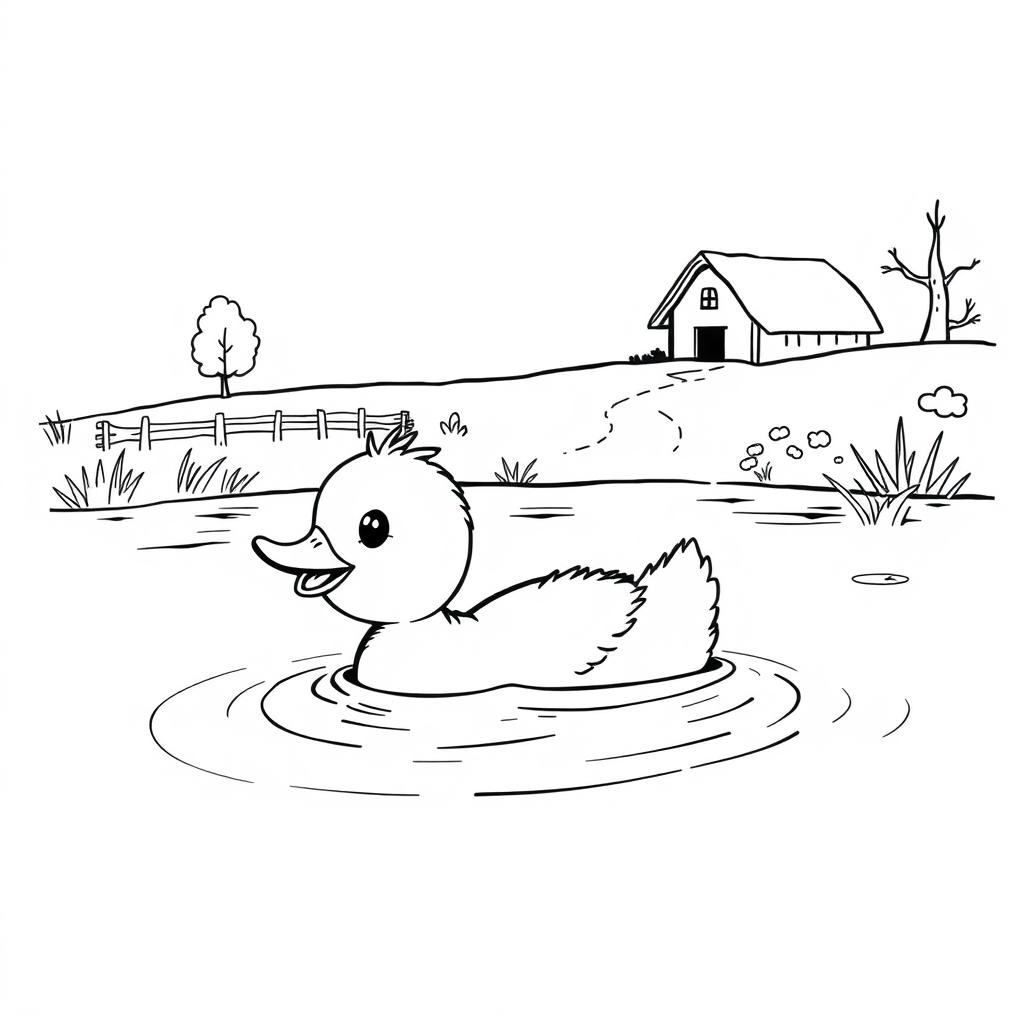 black and white drawing of a cute duckling happily diving into a lake with a simple farm in the background