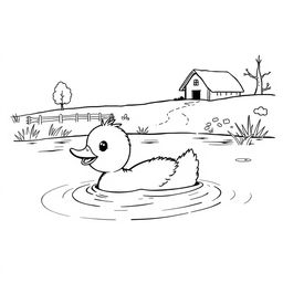 black and white drawing of a cute duckling happily diving into a lake with a simple farm in the background