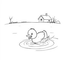 black and white drawing of a cute duckling happily diving into a lake with a simple farm in the background