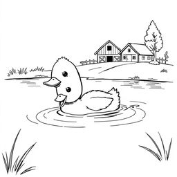 black and white drawing of a cute duckling happily diving into a lake with a simple farm in the background