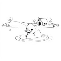 black and white drawing of a cute duckling happily diving into a lake with a simple farm in the background