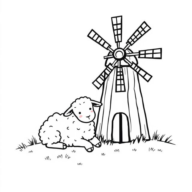 black and white drawing of a sheep resting peacefully next to a simple windmill