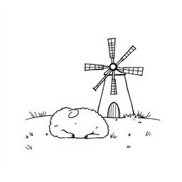 black and white drawing of a sheep resting peacefully next to a simple windmill