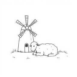 black and white drawing of a sheep resting peacefully next to a simple windmill