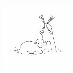 black and white drawing of a sheep resting peacefully next to a simple windmill