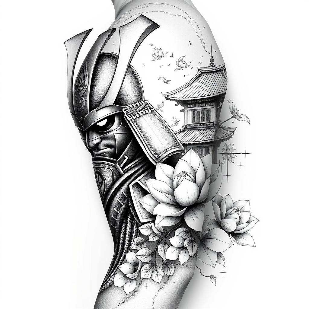 A stunning full-sleeve tattoo design for the right arm, featuring an imposing samurai wearing an authentic period mask, expertly crafted with historical accuracy