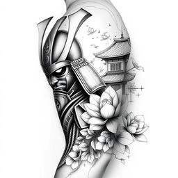 A stunning full-sleeve tattoo design for the right arm, featuring an imposing samurai wearing an authentic period mask, expertly crafted with historical accuracy