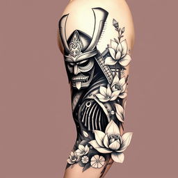 A stunning full-sleeve tattoo design for the right arm, featuring an imposing samurai wearing an authentic period mask, expertly crafted with historical accuracy