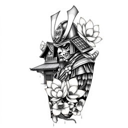 A stunning full-sleeve tattoo design for the right arm, featuring an imposing samurai wearing an authentic period mask, expertly crafted with historical accuracy