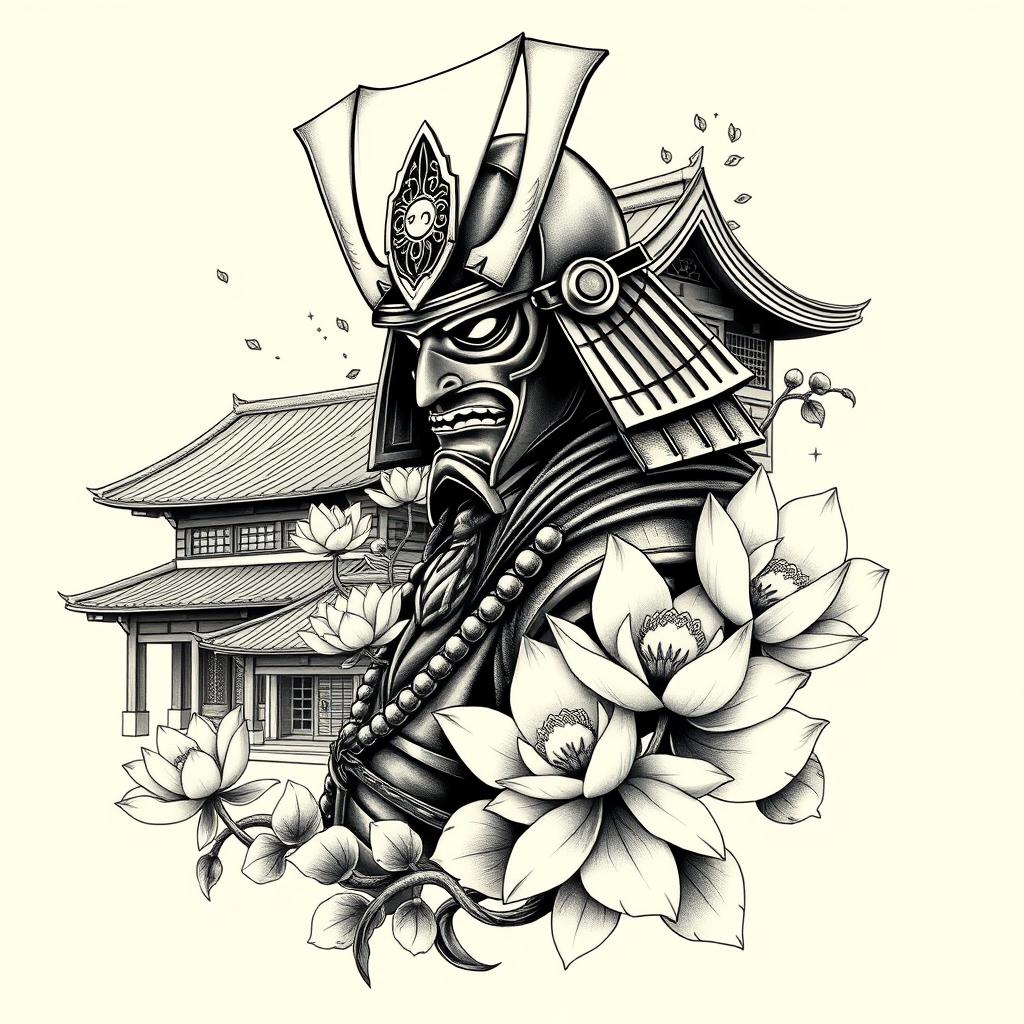 A stunning full-sleeve tattoo design for the right arm, featuring an imposing samurai wearing an authentic period mask, expertly crafted with historical accuracy