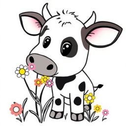 black and white drawing of a cute cow sniffing a bunch of colorful flowers