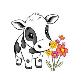 black and white drawing of a cute cow sniffing a bunch of colorful flowers