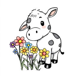 black and white drawing of a cute cow sniffing a bunch of colorful flowers