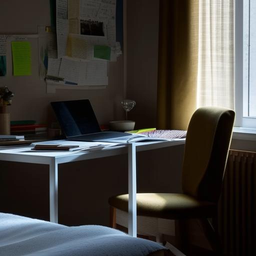 A cozy, well-lit study room with a laptop, textbooks, and study materials strewn across a table. A comfortable chair and neatly made bed add to the homely atmosphere.