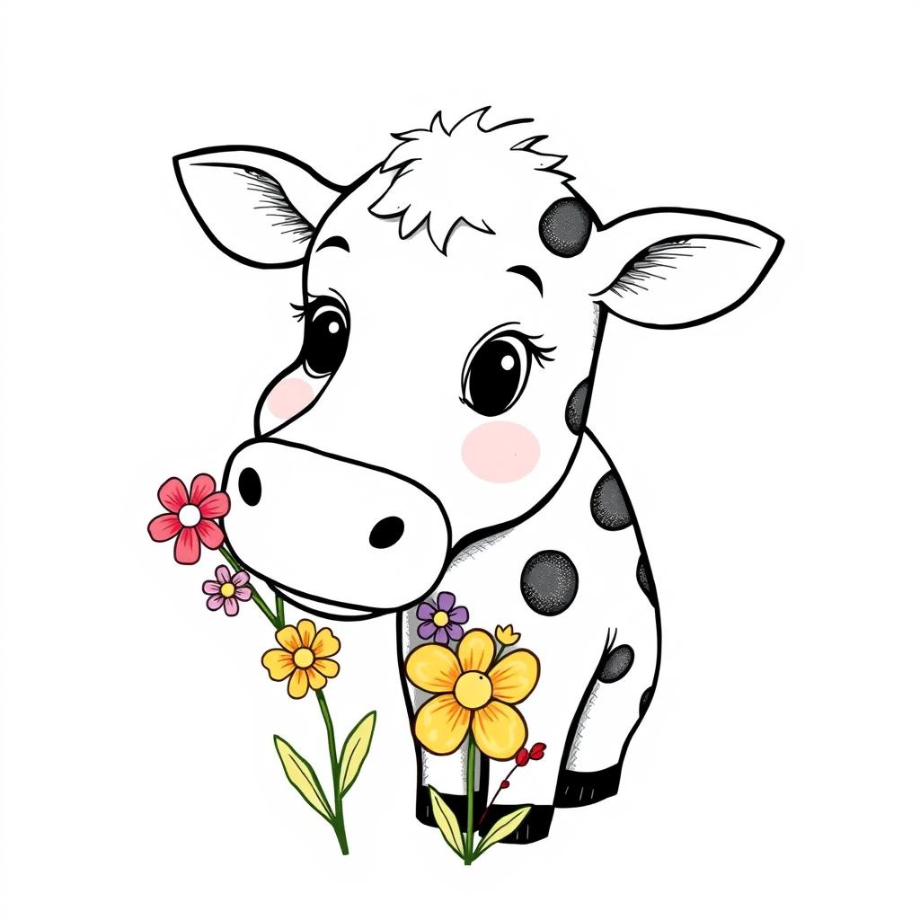 black and white drawing of a cute cow sniffing a bunch of colorful flowers