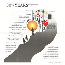 A press-style image depicting a 30-year journey of life lessons, illustrating the path of growth through challenging and joyous times