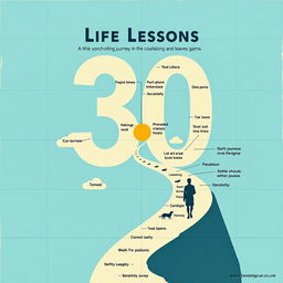 A press-style image depicting a 30-year journey of life lessons, illustrating the path of growth through challenging and joyous times