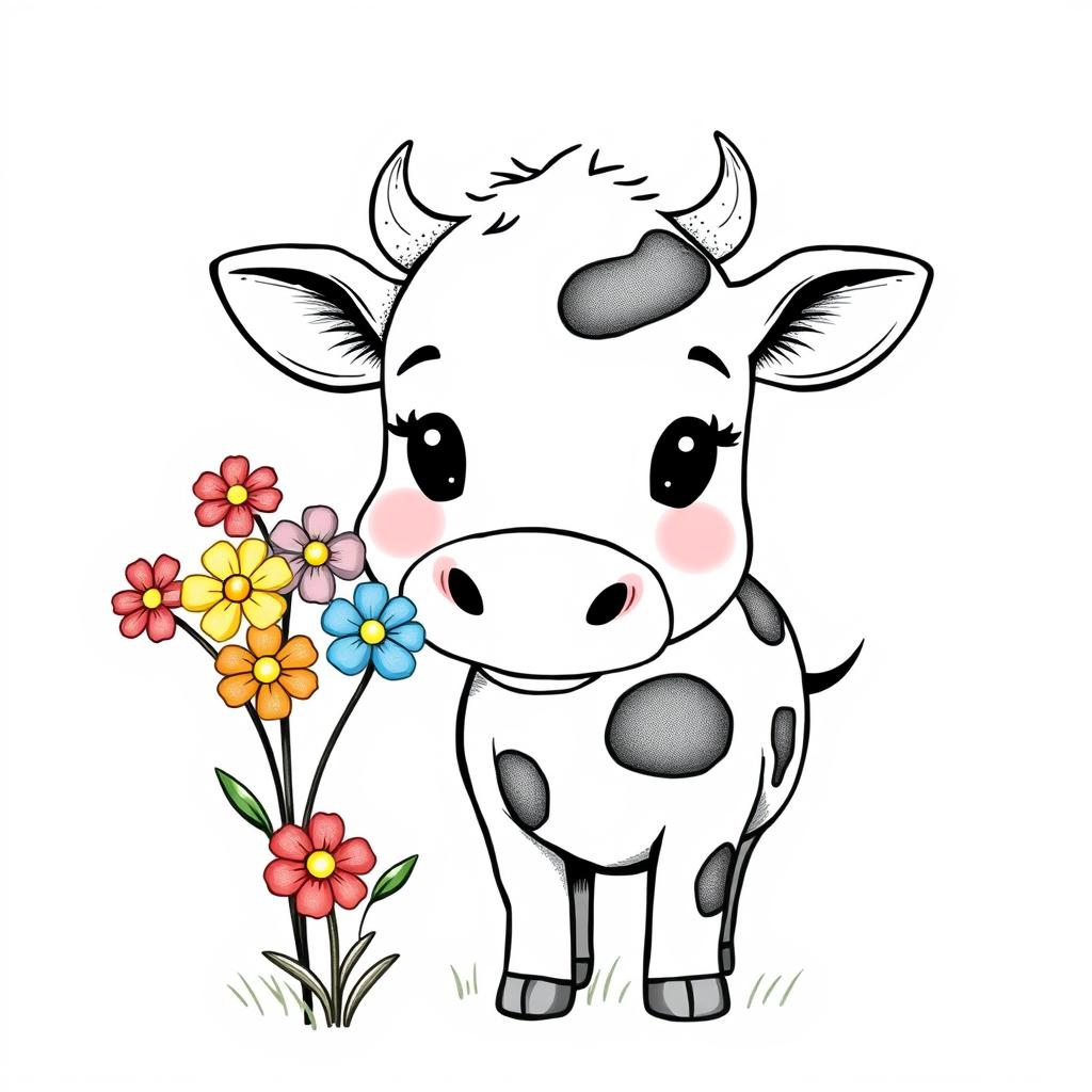 black and white drawing of a cute cow sniffing a bunch of colorful flowers