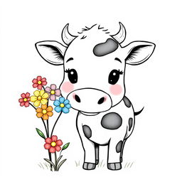 black and white drawing of a cute cow sniffing a bunch of colorful flowers