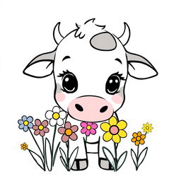 black and white drawing of a cute cow sniffing a bunch of colorful flowers