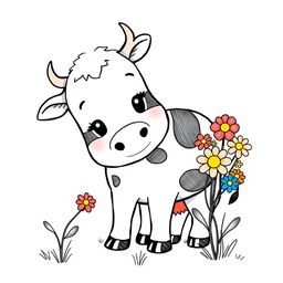 black and white drawing of a cute cow sniffing a bunch of colorful flowers