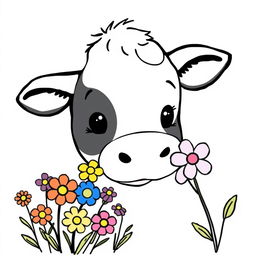 black and white drawing of a cute cow sniffing a bunch of colorful flowers