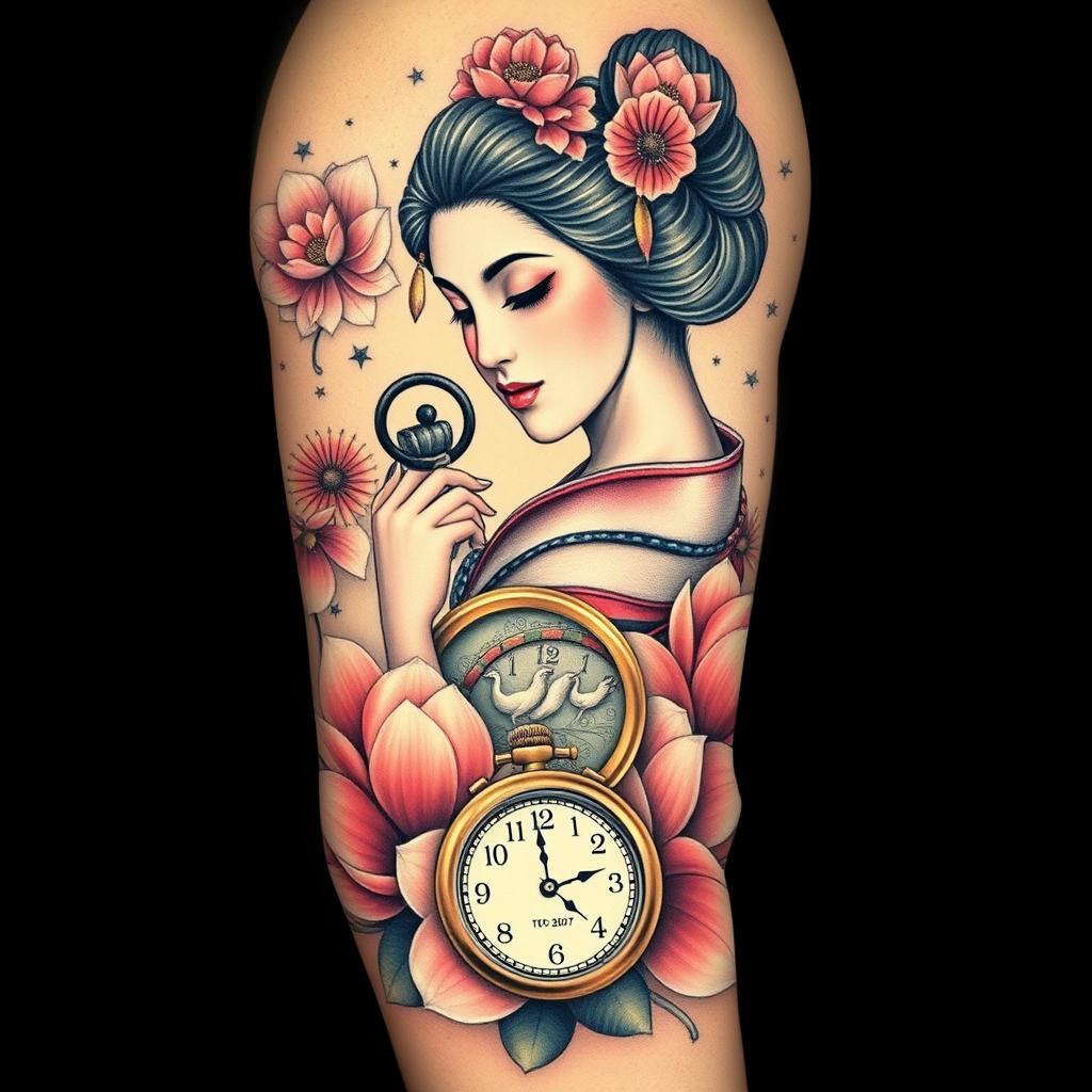 A realistic and intricate full-sleeve tattoo design for the left arm, centered around an elegant geisha, depicted with exquisite detail and grace symbolizing Japanese philosophy