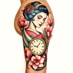 A realistic and intricate full-sleeve tattoo design for the left arm, centered around an elegant geisha, depicted with exquisite detail and grace symbolizing Japanese philosophy