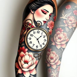 A realistic and intricate full-sleeve tattoo design for the left arm, centered around an elegant geisha, depicted with exquisite detail and grace symbolizing Japanese philosophy