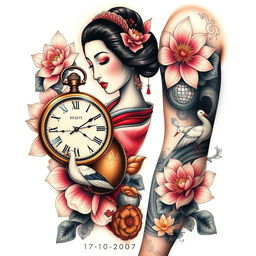 A realistic and intricate full-sleeve tattoo design for the left arm, centered around an elegant geisha, depicted with exquisite detail and grace symbolizing Japanese philosophy