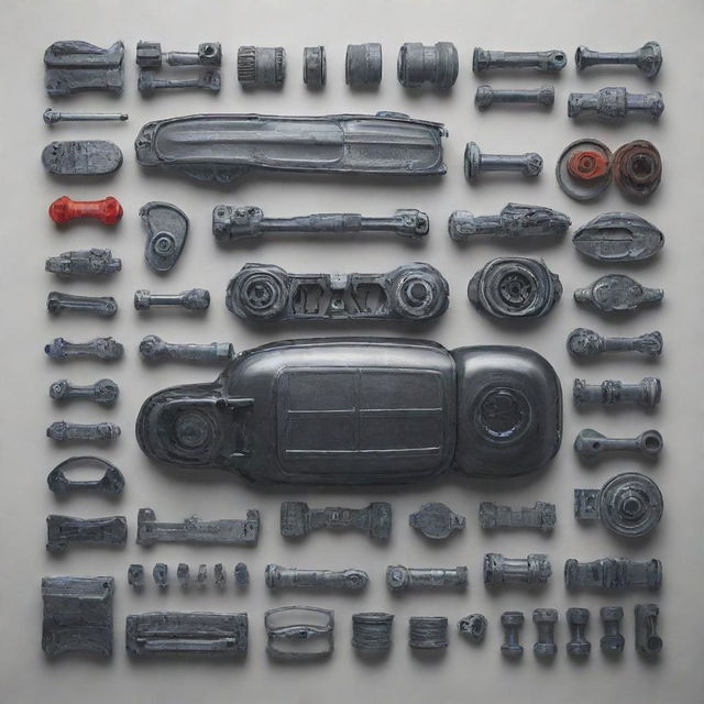 Create an image of various car parts arranged in an interesting and visually appealing way.