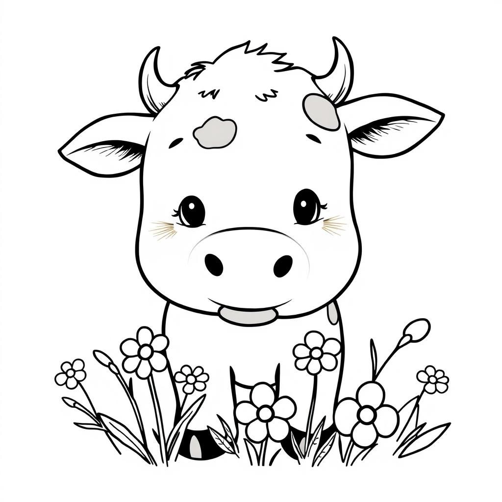 black and white drawing of a cute cow sniffing flowers