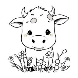 black and white drawing of a cute cow sniffing flowers