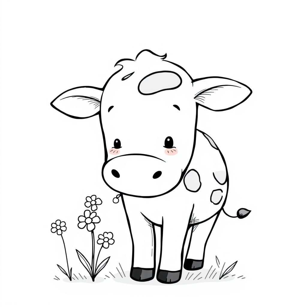 black and white drawing of a cute cow sniffing flowers