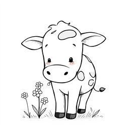 black and white drawing of a cute cow sniffing flowers