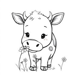 black and white drawing of a cute cow sniffing flowers