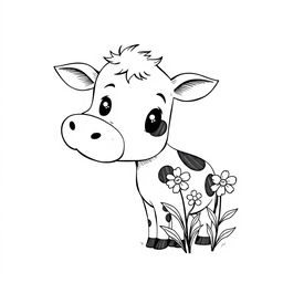 black and white drawing of a cute cow sniffing flowers