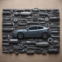 Create an image of various car parts arranged in an interesting and visually appealing way.