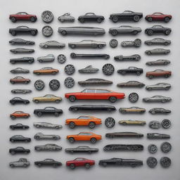 Create an image of various car parts arranged in an interesting and visually appealing way.